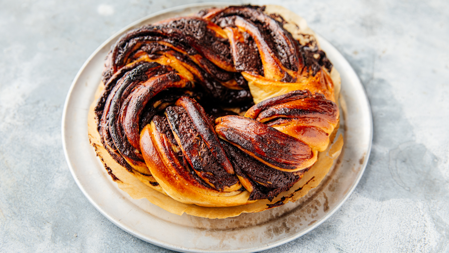 Chocolate Babka on a plate.