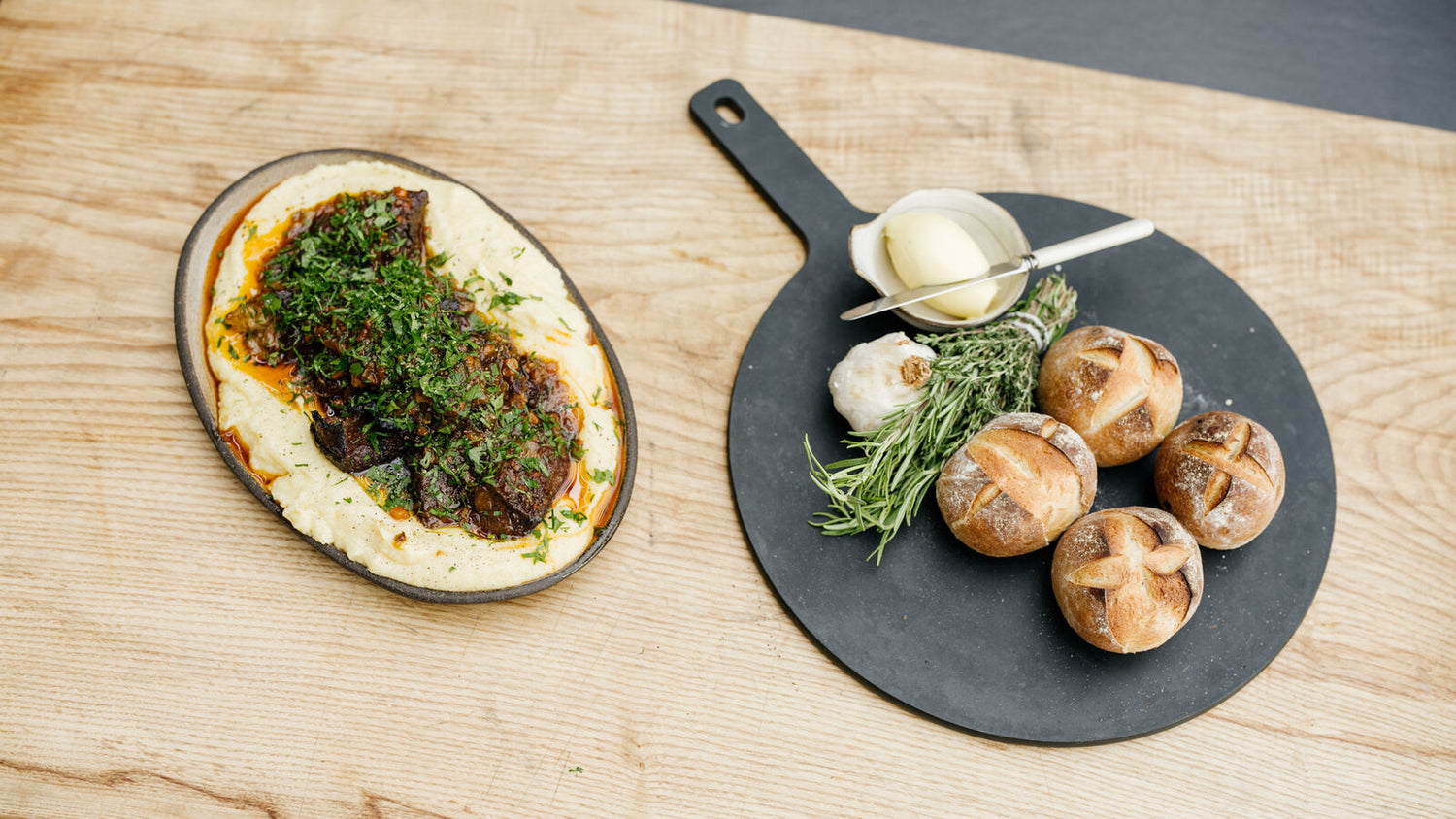 Beef Short Ribs, Mash and Bread Rolls