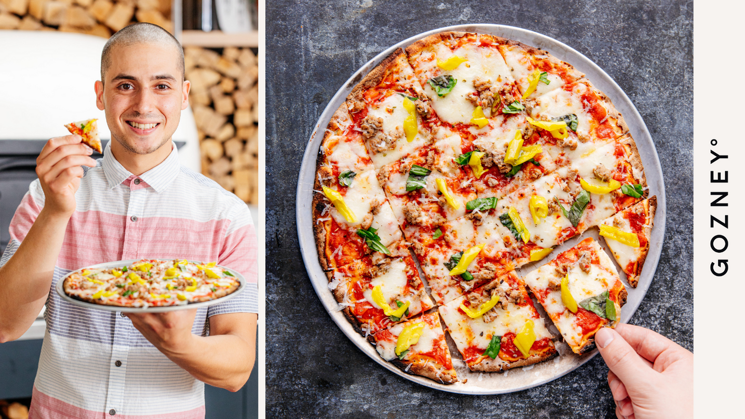 Luiz Perez holding Chicago Thin Crust Pizza recipe poster image